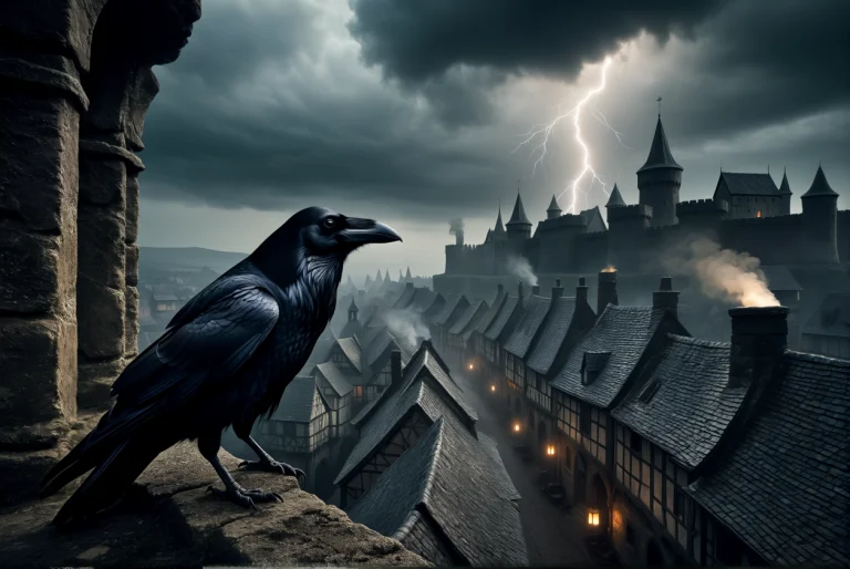 Medieval Style. A Raven Perches On A High Ledge Over The Cit...