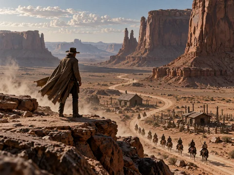 Lorakreaclassicframing1an Elderly Gunslinger Standing Alone... — Stable Diffusion AI Prompt: An elderly gunslinger standing alone at the edge of a vast desert canyon, his lo...