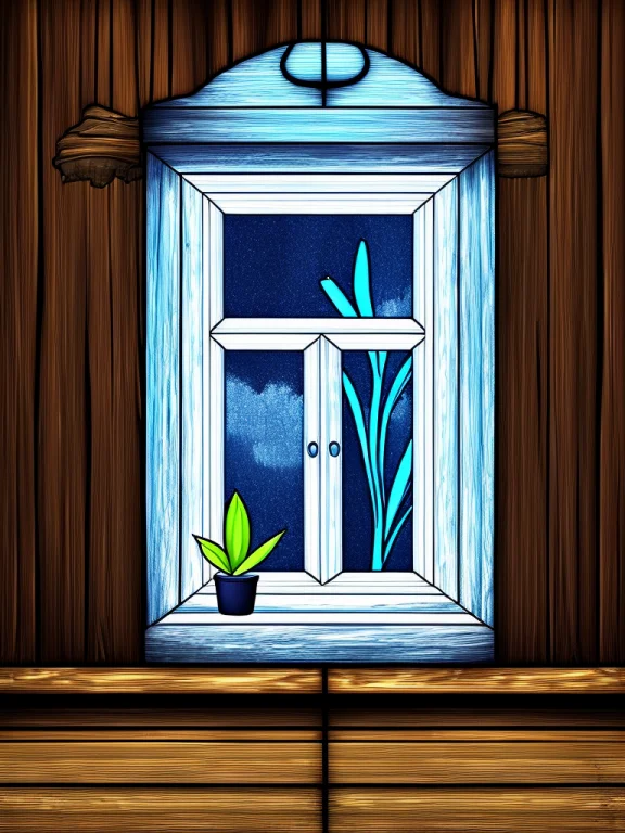 Vector-art, A Window With A Blue Frame And A Wooden Wall Beh...