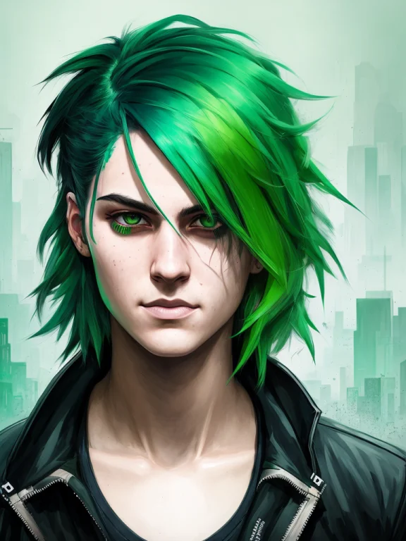 Portrait Of A Hacker With Green Hair And With Scarred Face,...