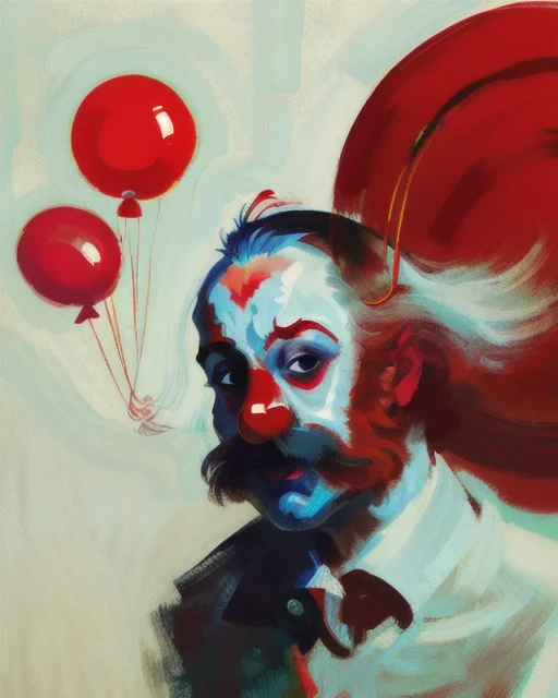 Abstract, Illustration, Drunk Clown Holding One Red Balloon,...