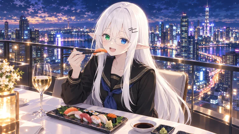 1girl, Solo, Elf, Long White Hair, Pointed Ears, Heterochrom...