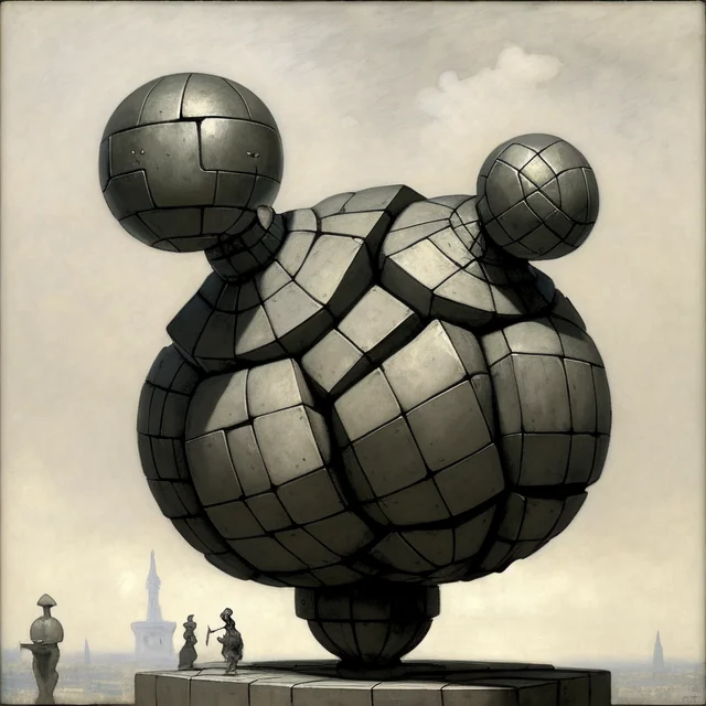 Abstract Figurative Spheroid Golem Stands Atop Gridwork Tile...