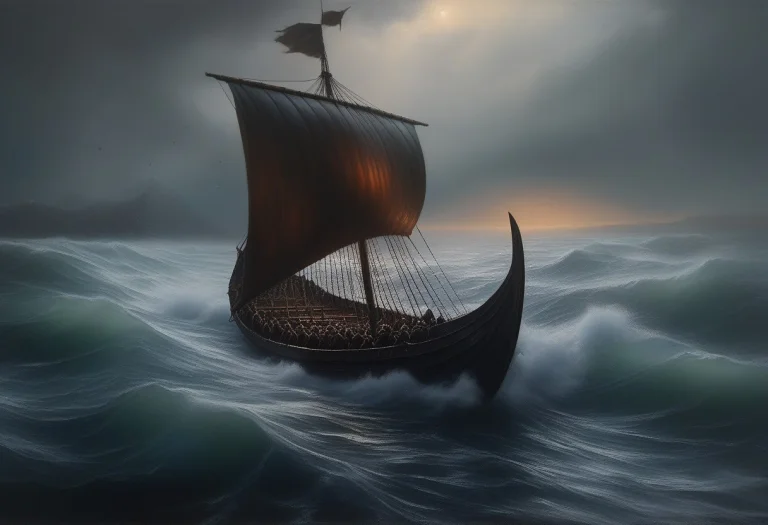A Viking Longship Cutting Through A Cold Grey Sea, Oil Paint...
