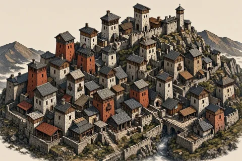 Townscaper Planning Style, Caucasian Chechen Or Circassian F... — Stable Diffusion AI Prompt: Townscaper planning style, Caucasian Chechen or Circassian fortified mountain vi...