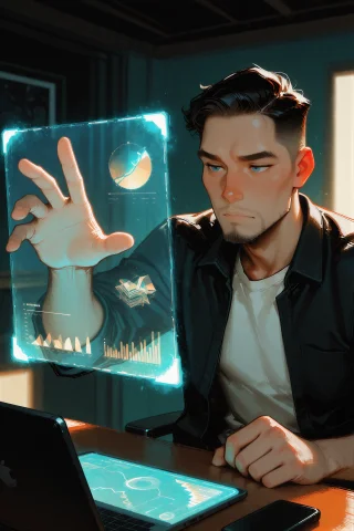 Digital Illustration, A Man Reaching Out To Manipulate A Flo... — Stable Diffusion AI Prompt: digital illustration, a man reaching out to manipulate a floating holographic sc...