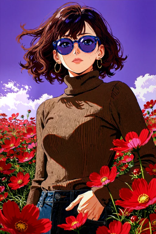A Short-haired Young Woman In Indigo Sunglasses And A Brown...