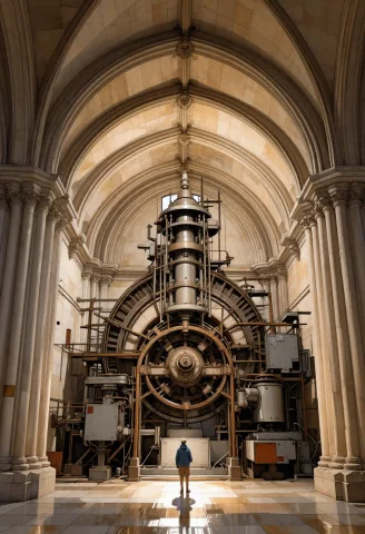 A Titanic Vault Chamber Rises Beneath A Cathedral-like Arch,... — Stable Diffusion AI Prompt: A titanic vault chamber rises beneath a cathedral-like arch, a tiny explorer dwa...