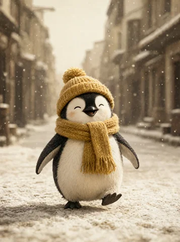 A Small, Animated-looking Penguin Stands At The Centre Of A... — Stable Diffusion AI Prompt: A small, animated-looking penguin stands at the centre of a softly lit winter st...