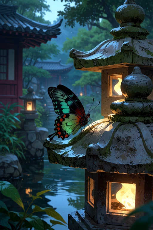 , A Butterfly Resting On A Stone Lantern In A Japanese Garde...