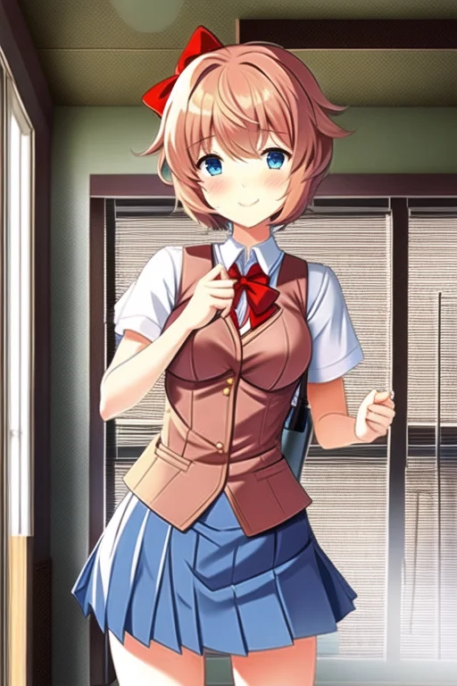 1girl, Sayoriddlc ,solo, Skirt, Smile, Bow, Hair Bow, Blue E...