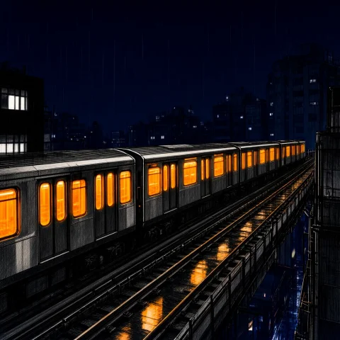 Elevated Train Passing Through Dense City At Night, Windows... — Stable Diffusion AI Prompt: elevated train passing through dense city at night, windows glowing neon amber,...