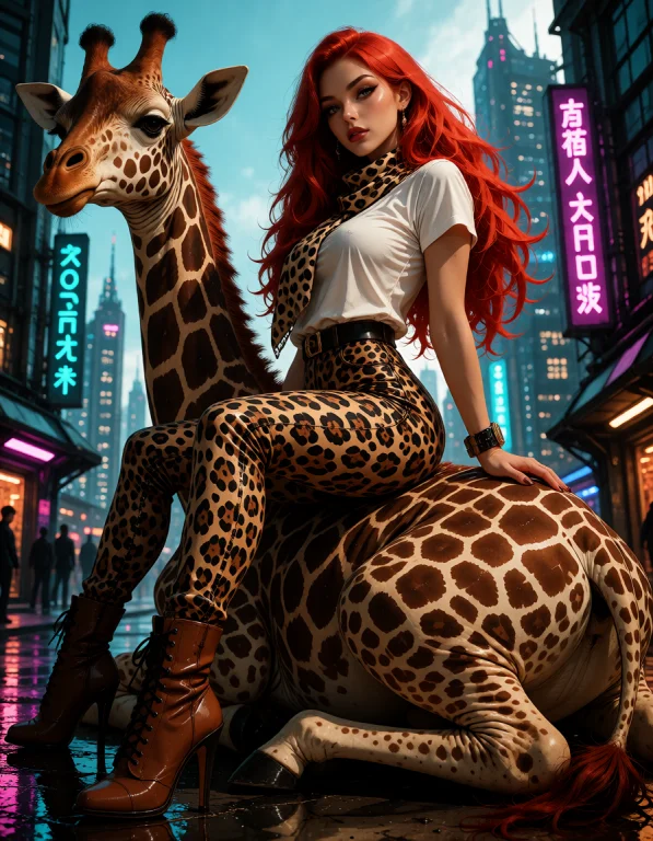 A Very Confident Beautiful Woman Sits On The Back Of A Giraf...