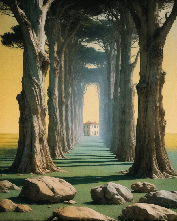 Bradhamel Art Style A Cypress Alley Receding Into A Solid Ye...