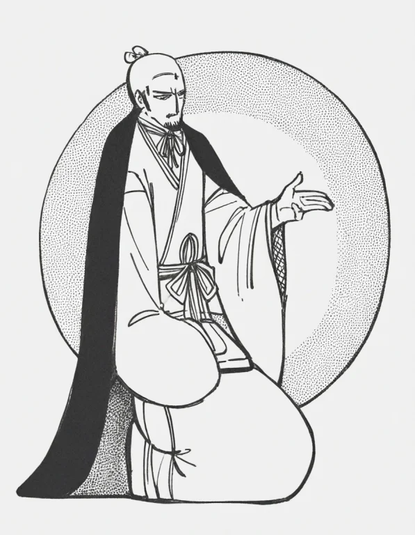 In Zxygrayinkstyle, A Robed Man Kneels Beside One Small Tray...