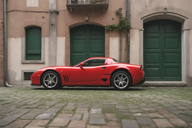 A Red Sports Car Parked In Front Of A Building With Green Sh...