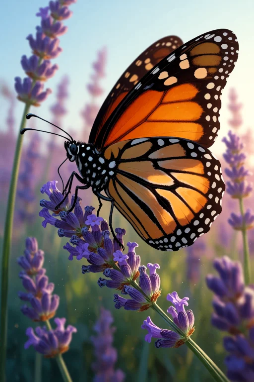 , A Monarch Butterfly Resting On A Lavender Sprig In Soft Af...