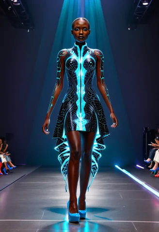 A Female Supermodel Of African Ethnicity Is Posing On The Ru... — SDXL AI Prompt: a female supermodel of African ethnicity is posing on the runway in a fashion sh...