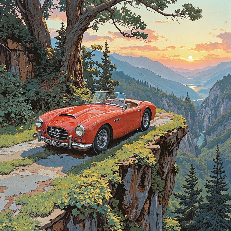 Full View Of A Vintage Sports Car On A Cliff, Sunset, Lush G...