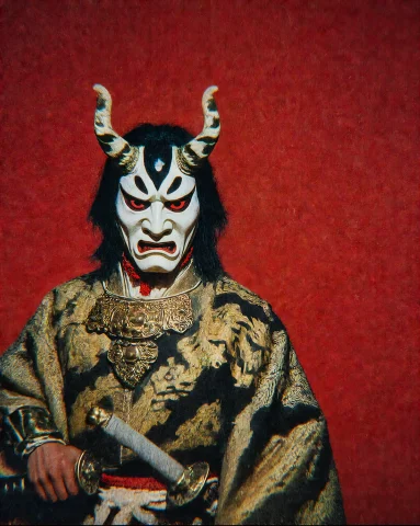 Imperfecta A Figure In Full Noh Ceremonial Costume And White... — Stable Diffusion AI Prompt: / @imperfecta/ A figure in full Noh ceremonial costume and white demon mask stan...