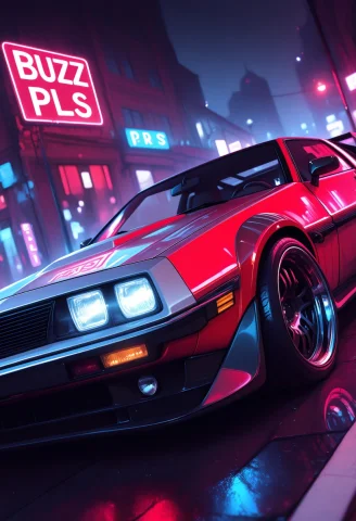 Future Car, Neon Lighting, Red Car, Sign Buzz Pls, By Night,... — Stable Diffusion AI Prompt: Future car, neon lighting, red car, sign "BUZZ PLS", by night, dutch angle, enha...