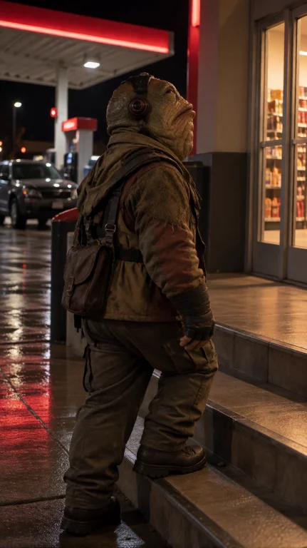 Shyng Alien Man, Full Length From Behind, Low Angle, Standin...