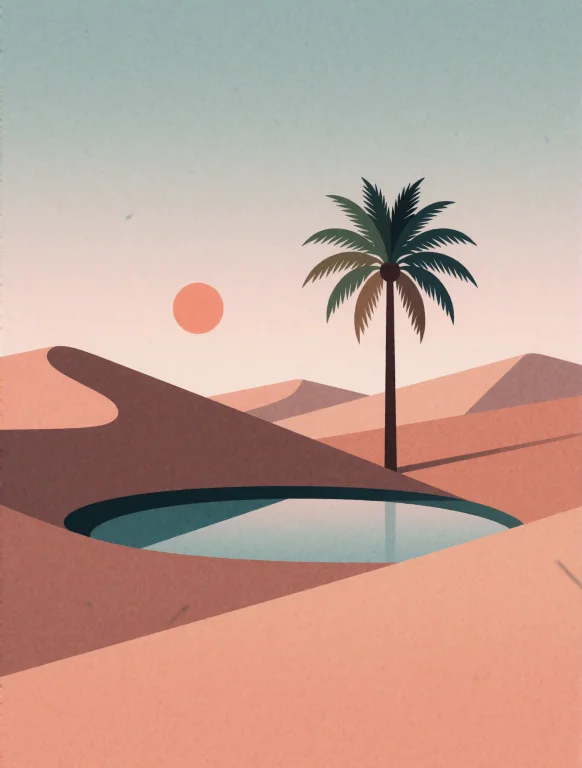 A Minimalist Flat Vector Illustration Of A Lone Desert Oasis...