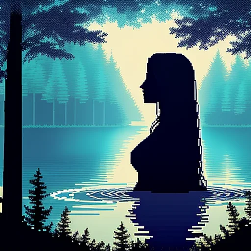 Atmospheric Pixel Art, A Close Up Shot Of A Woman In A Lake...