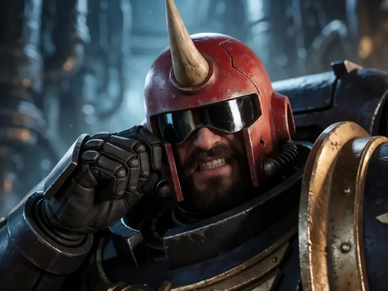 Space Marine In Red Horned Helmet Grimacing Fist Raised Sci-...