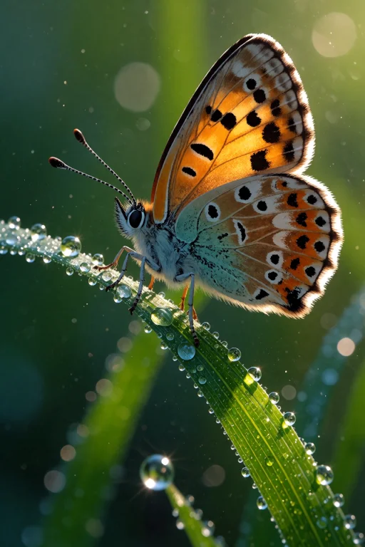 , A Butterfly Perched On A Single Blade Of Grass With Dew Dr...
