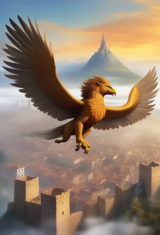 A Griffin Circling Above A Walled Mountain City, Cel Shading... — SDXL AI Prompt: a griffin circling above a walled mountain city, cel shading, over the shoulder,...