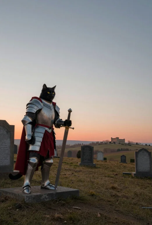 A Large, Anthropomorphic Black Cat Stands In A Cemetery. The...