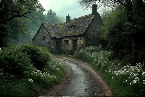 Medieval Style. At The End Of A Rough Road, A Stone Cottage... — Stable Diffusion AI Prompt: Medieval style. At the end of a rough road, a stone cottage is nestled among the...