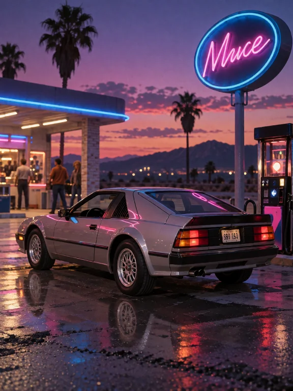 Lorakrea80s1 A Synthwave Album Cover, A Neon-lit 1980s Gas S...
