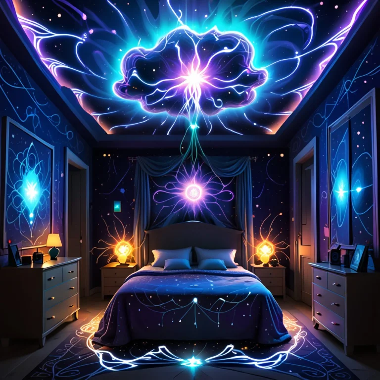 A Bedroom With The Walls In Vibrant Colors, Often Blue Or Pu...