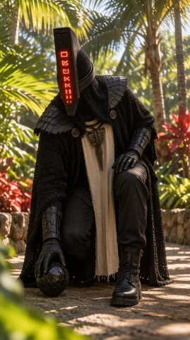 Cybrpnk Masked Humanoid, Full Length, Low Angle, Kneeling Wi... — Stable Diffusion AI Prompt: cybrpnk masked humanoid, full length, low angle, kneeling with one hand on spher...