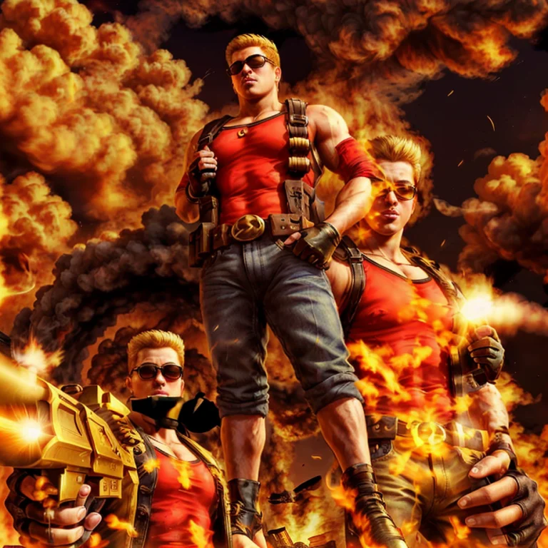 A Man Posing With A Golden Gun, Hell Background, 1boy, Lorad...