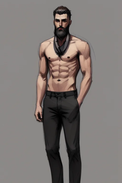 Sketch Of A Slender Guy, ,fit, Shirtless, Stylish Beard, Med...