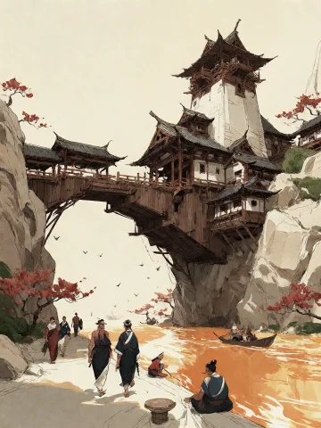 Bradhamel Art Style. A Vast, Sun-drenched Floating Cityscape... — Stable Diffusion AI Prompt: Bradhamel art style. A vast, sun-drenched floating cityscape of ancient East Asi...