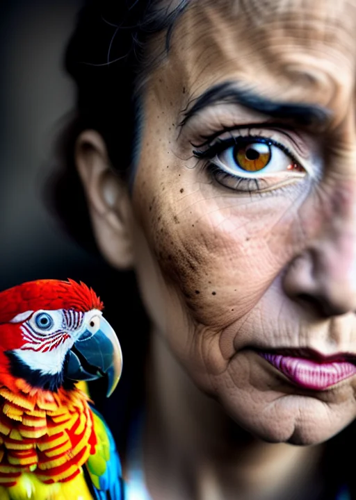 Elderly Lady With Parrot Close Up Portrait, Ambient Light, N...