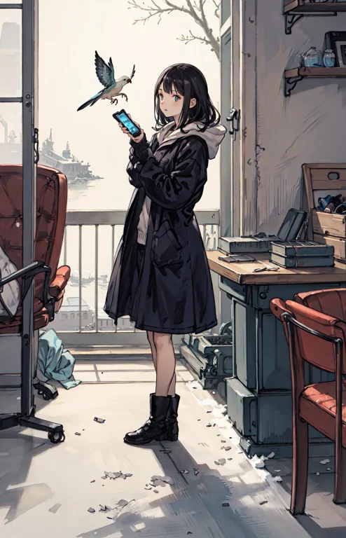 Best Quality, Detailed Background, Girl,sea, Cafeteria, Bird...