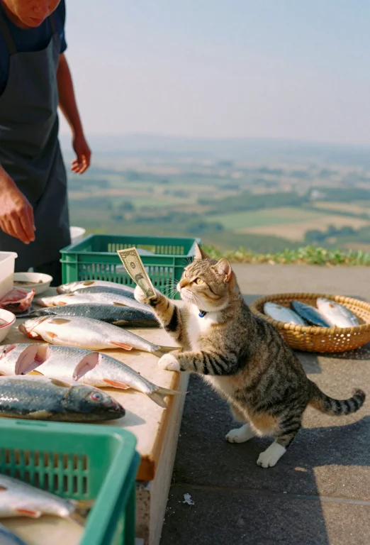 A Tabby-patterned Cat And The Fishmonger Stand Facing Each O...