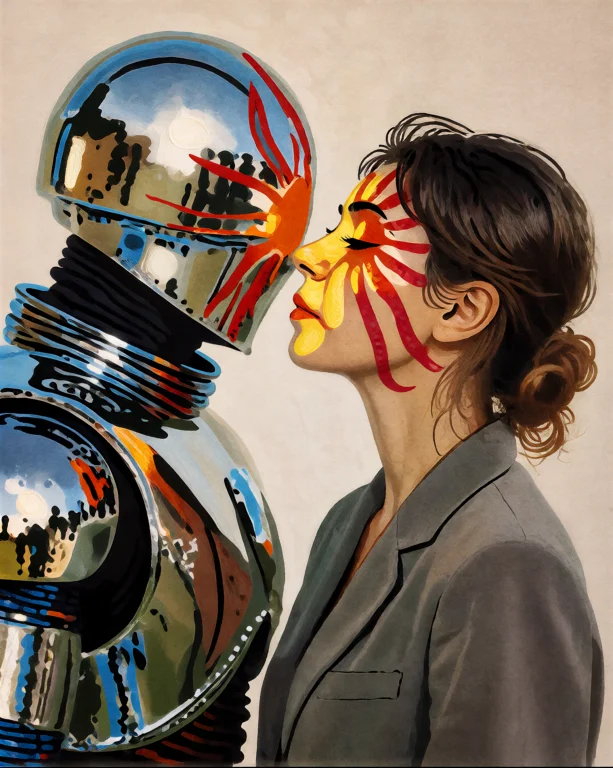 Velkoris Oil Painting Of A Chrome Robot And A Woman In Grey...