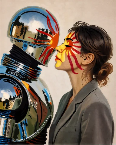 Velkoris Oil Painting Of A Chrome Robot And A Woman In Grey... — Stable Diffusion AI Prompt: / velkoris/ Oil painting of a chrome robot and a woman in grey suit standing pro...