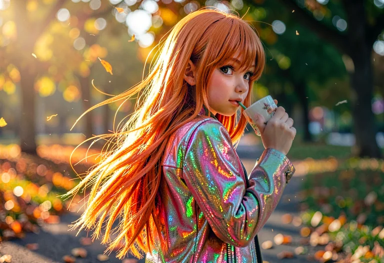 1girl, Very Long Hair, Orange Hair, Sharp Eyes, Looking Back...