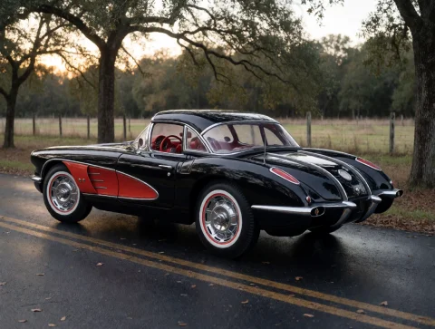 A 58vette Chevrolet Corvette Parked On Wet Two-lane Blacktop... — Stable Diffusion AI Prompt: A 58vette Chevrolet Corvette parked on wet two-lane blacktop under trees at last...