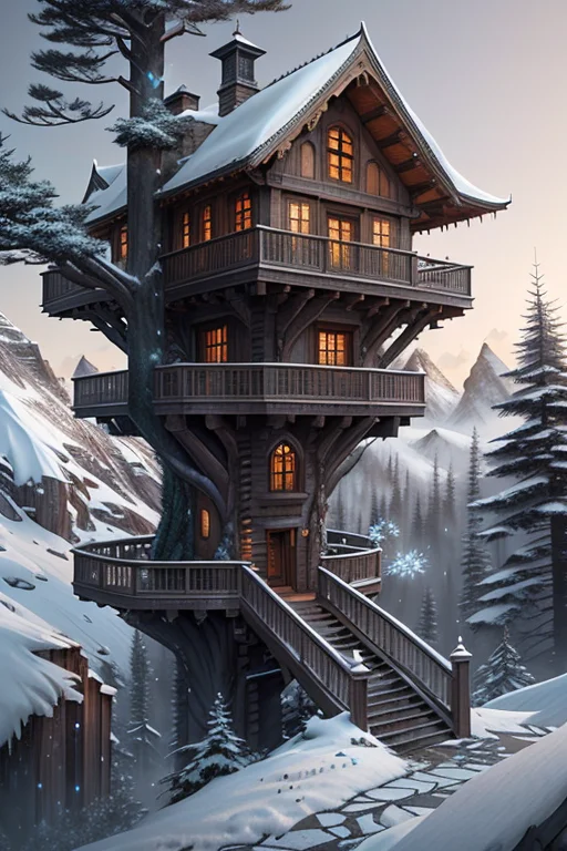 A Tree House, On Snow Mountain, Clear Weather, 3d Realistic,...