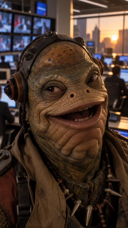 Shyng Alien Man, Extreme Close-up, Eye-level, Head Slightly...