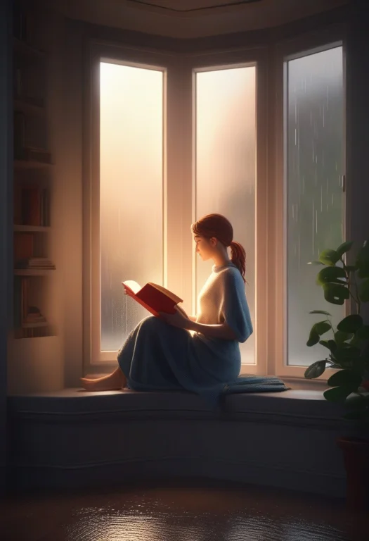 A Woman Reading On A Rainy Window Seat, Stylized 3d Render,...
