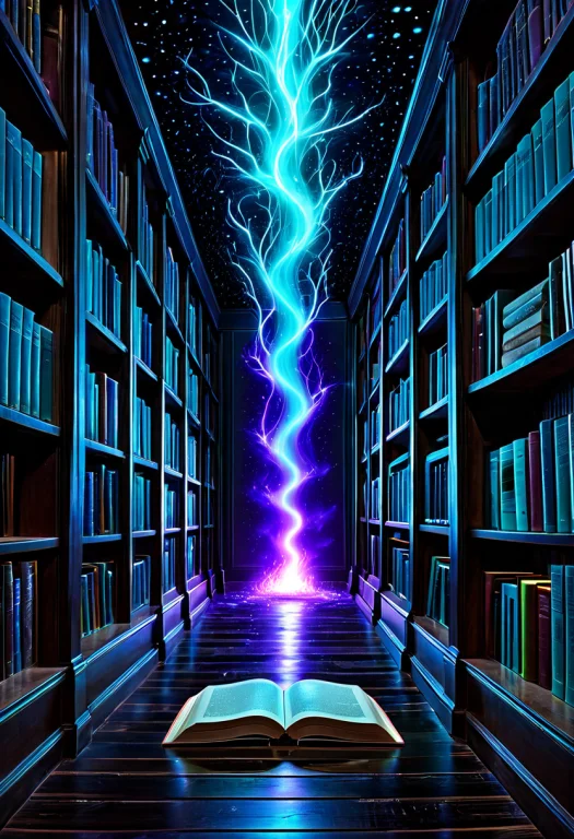 Photorealistic, Dim Library Aisle, Hardcover Books With Spin...